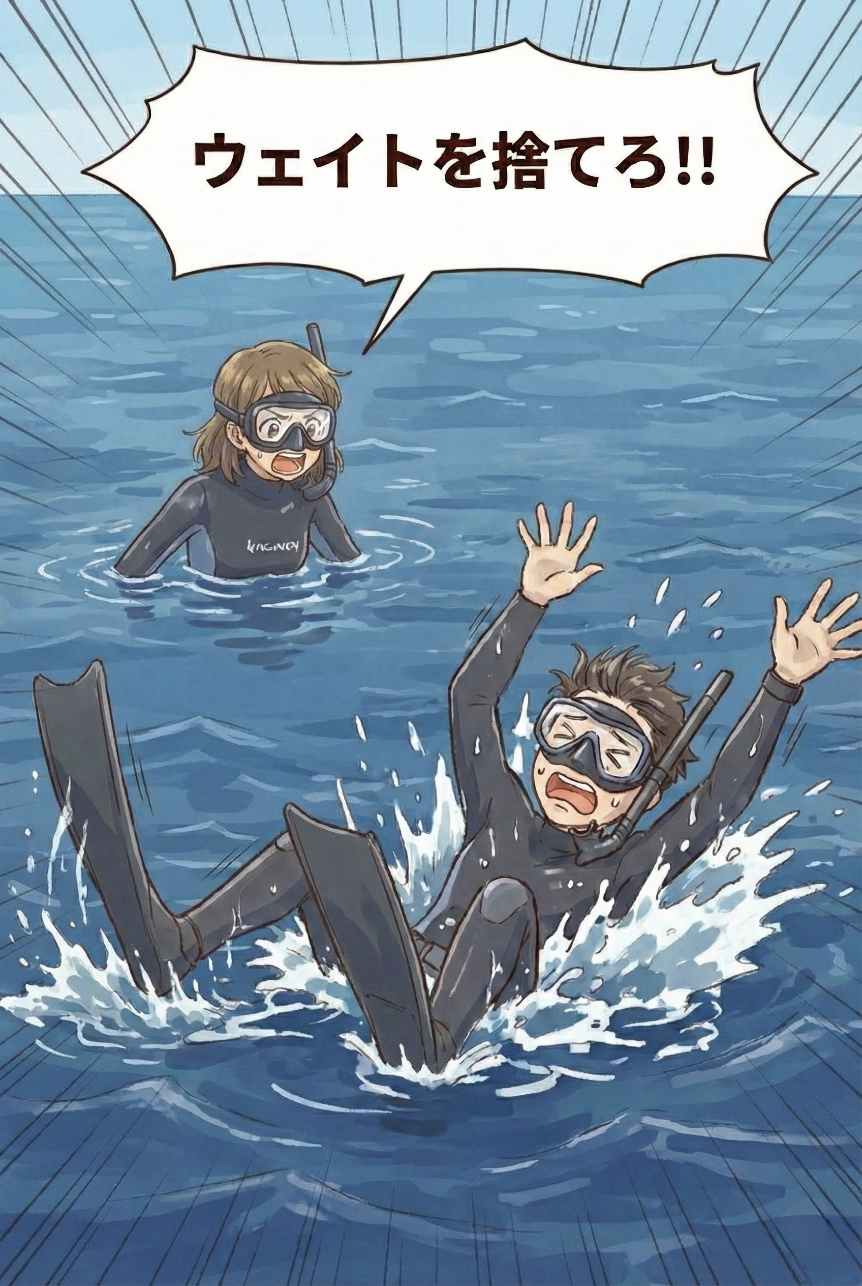 迫真の演技で溺れるスキンダイバーを演じる高嶋さんとレスキューに入るぼく